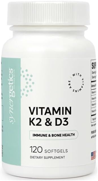 Synergetics, Kosher VITAMIN K2 &amp; D3 (Vitamin K2 180mcg, Vitamin D3 5000IU, w/ Vitamin A 1000mcg &amp; Vitamin E 30mg), For Immune &amp; Bone Health - 120 Softgels