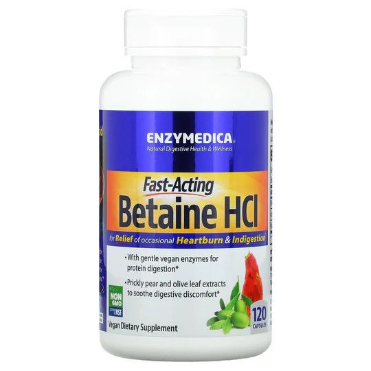 Enzymedica, Kosher BETAINE HCI 1300mg, Fast-Acting, For Relief Of Occasional Heartburn &amp; Indigestion - 120 Vegetarian Capsules
