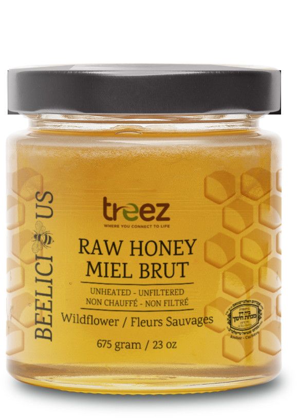Treez Nutrition, Beelicious, Kosher RAW HONEY, Natural Liquid/Creamy SUMMER WILDFLOWER / CLOVER (Glass Container) - 675 g (23 oz.)