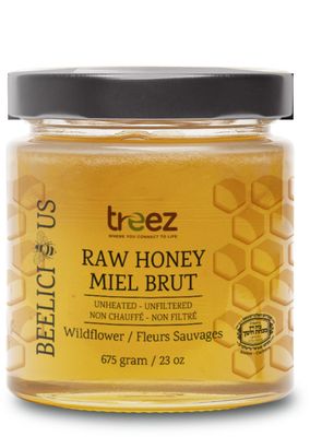 Treez Nutrition, Beelicious, Kosher RAW HONEY, Natural Liquid/Creamy SUMMER WILDFLOWER / CLOVER (Glass Container) - 675 g (23 oz.)