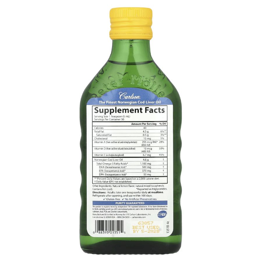Carlson, Wild Norwegian Cod Liver Oil, Lemon Flavor - 8.4 fl oz (250 ml)