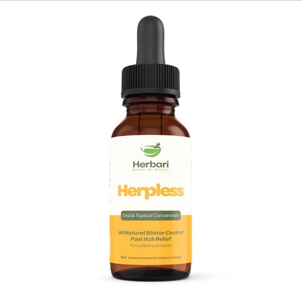 Herbari, Kosher HERPLESS, Oral &amp; Topical Concentrate for Herpes, Liquid Tincture - 1 fl. oz. (30 mL) - Kosher for Passover