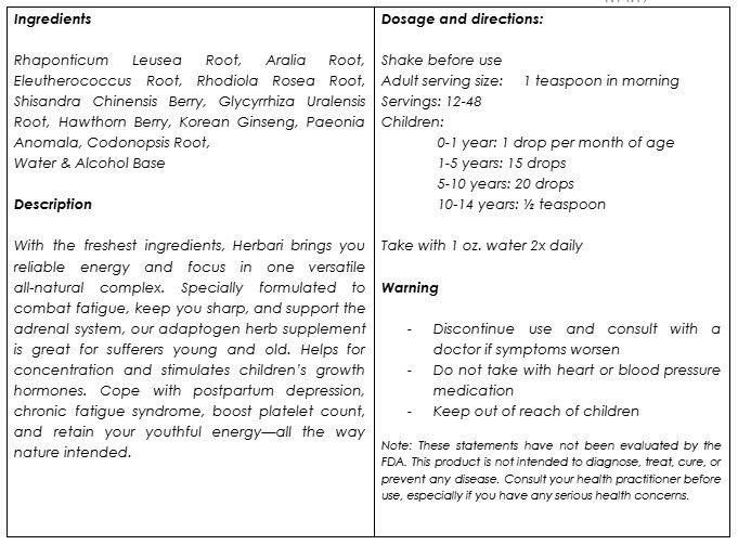 Herbari, Kosher SIBERIAN ADAPTOGENS, Oral Concentrate For Chronic Fatigue of Mind and Body, Liquid Tincture - 1 fl. oz. (30 mL) - Kosher for Passover