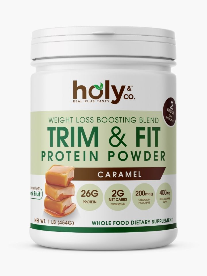 Holy &amp; Co., Kosher TRIM &amp; FIT Protein Powder, Diet Support &amp; Weight Loss Boosting Blend, Caramel Flavor - 1 LB (454g)