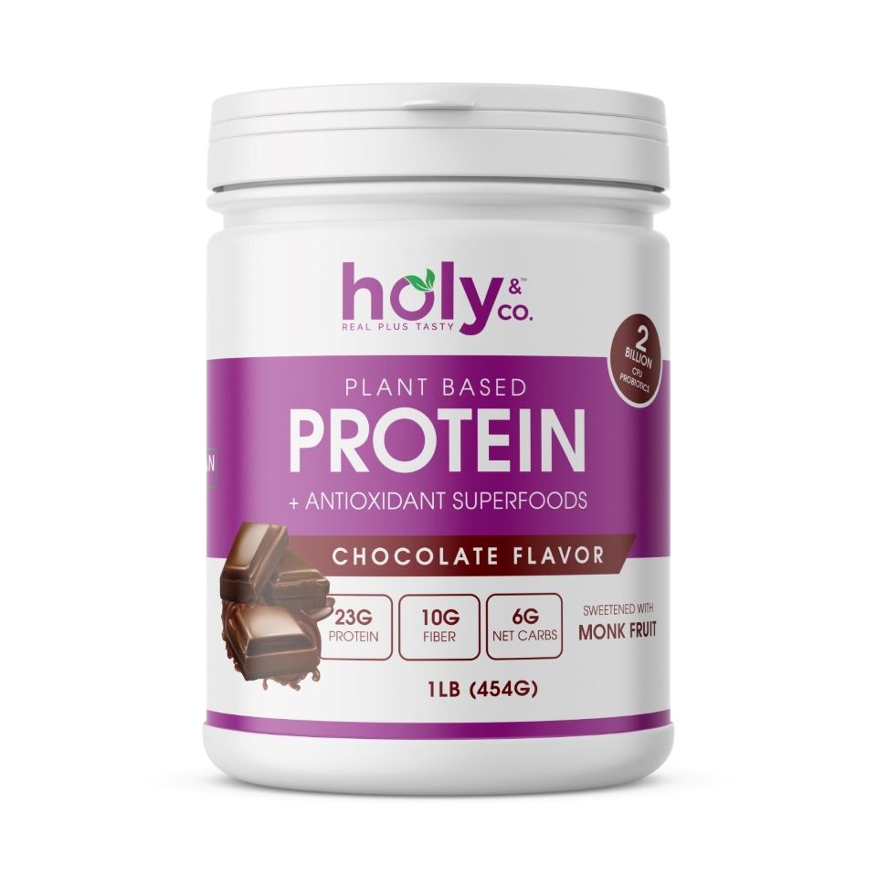 Holy &amp; Co., Kosher Plant Based PROTEIN Powder Shake + Antioxidant Superfood, Chocolate Flavor - 1 LB (454g)