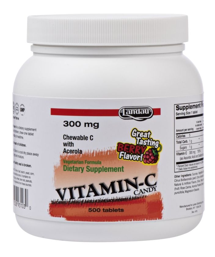 Landau, Kosher Chewable VITAMIN-C CANDY 300mg, Berry Flavor - 500 Tablets