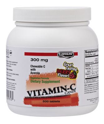 Landau, Kosher Chewable VITAMIN-C CANDY 300mg, Berry Flavor - 500 Tablets