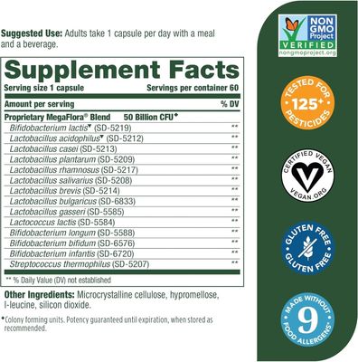 MegaFood USA, MEGAFLORA Plus, Probiotic (50 Billion CFU) - 60 Vegetarian Capsules