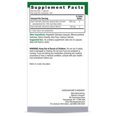 Natures Answer, Kosher Standardized SAW PALMETTO 1,600mg, Supports Healthy Prostate - 120 Vegetarian Capsules