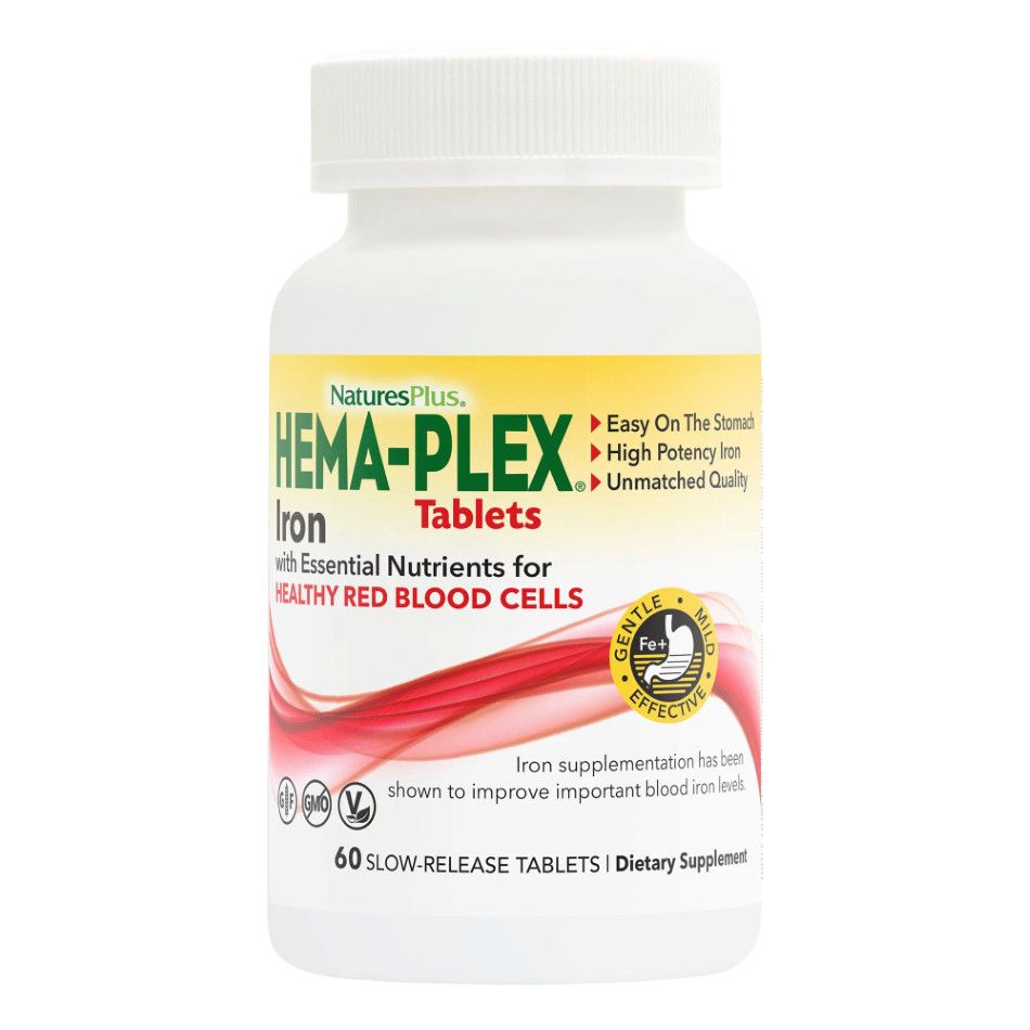 Natures Plus, HEMA-PLEX IRON With Essential Nutrients For Healthy Red Blood Cells - 60 Slow-Release Tablets