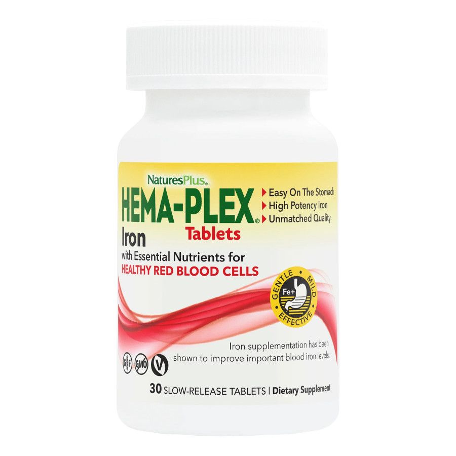 Natures Plus, HEMA-PLEX IRON With Essential Nutrients For Healthy Red Blood Cells - 30 Slow-Release Tablets