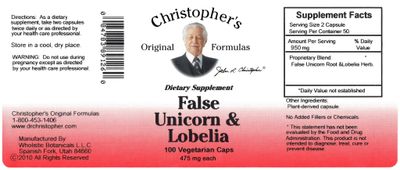 Dr. Christopher’s, Kosher False Unicorn &amp; Lobelia 440mg - 100 Vegetarian Capsules