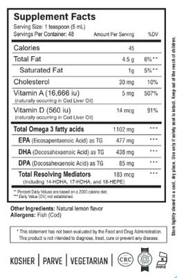 Nutri Supreme, Kosher Alaskan Wild Caught COD LIVER OIL, With Naturally Occuring Vitamin A & D, Lemon Flavor, Liquid - 8 fl. oz #218