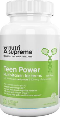 Nutri Supreme, Kosher TEEN POWER Multi Vitamins Once Daily for Teens, With 800mcg of Methyfolate &amp; 200mcg of MethylB12, Iron Free - 30 Vegetarian Capsules #136