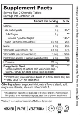 Nutri Supreme, Kosher CAFFEINE ENERGY CHEWS, With L-Theanine, Caramel Flavor - 60 Chewable Tablets #118