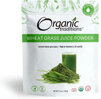 Organic Traditions, WHEAT GRASS JUICE POWDER, High in Vitamins A + B1 &amp; B2 - 5.3 oz (150 g)