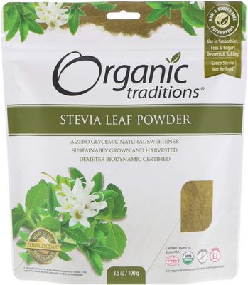 Organic Traditions, STEVIA LEAF POWDER, Zero Glycemic Natural Sweetener, Powder - 100 g (3.5 oz) Organic Traditions, STEVIA LEAF POWDER, Zero Glycemic Natural Sweetener, Powder - 100 g (3.5 oz)