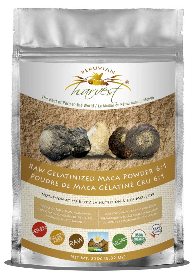 UHTCO, Peruvian Harvest, MacaPro, RAW GELATINIZED MACA ROOT POWDER (80 % Black Maca, 15% Purple Maca, 5% Yellow Maca) - 250 gram Powder (In a Bag)