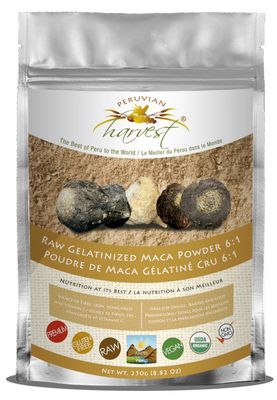 UHTCO, Peruvian Harvest, MacaPro, RAW GELATINIZED MACA ROOT POWDER (80 % Black Maca, 15% Purple Maca, 5% Yellow Maca) - 250 gram Powder (In a Bag)