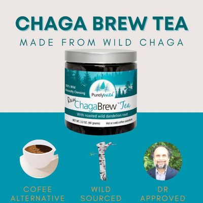 PurelyWild, RAW CHAGA BREW TEA, Coffee Substitute, With Roasted Wild Dandelion Root, Powder - 3.2 oz (90 grams)