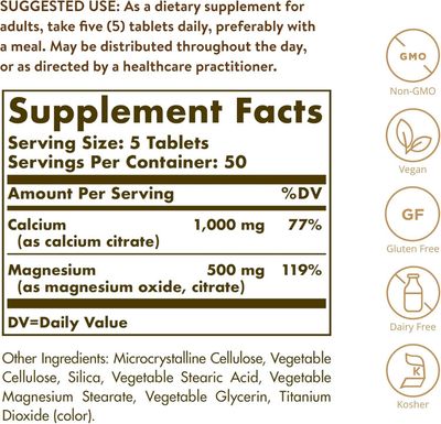 Solgar, Kosher CALCIUM MAGNESIUM CITRATE, Supports Healthy Bones &amp; Teeth - 250 Tablets
