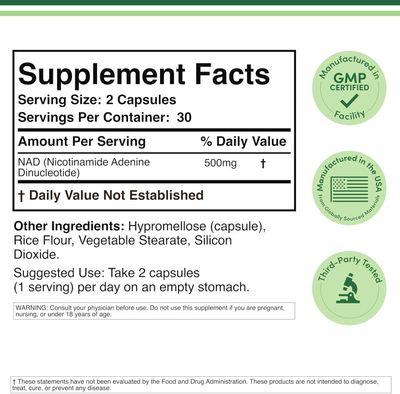 Double Wood Supplements, NAD+ Nicotinamide Adenine Dinucleotide 500mg, Anti Aging &amp; Cell Regeneration - 60 Vegetarian Capsules