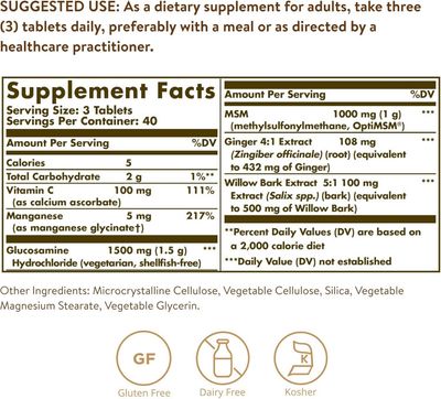 Solgar, Kosher GLUCOSAMINE MSM COMPLEX, Shellfish-Free, Promotes Healthy Joints &amp; Supports Comfortable Movement - 120 Tablets