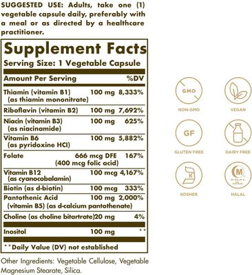 Solgar, Kosher B-COMPLEX 100mg, For Energy Metabolism - 100 Vegetarian Capsules