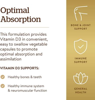 Solgar, Kosher VITAMIN D3 CHOLECALCIFEROL 5000 IU, Maintains Healthy Bones &amp; Teeth - 60 Vegetarian Capsules
