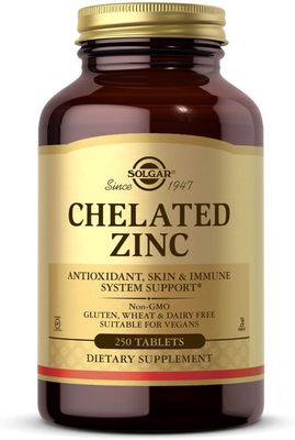 Solgar, Kosher CHELATED ZINC 22mg, Antioxidant + Skin &amp; Immune System Support - 250 Tablets