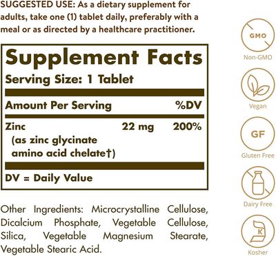 Solgar, Kosher CHELATED ZINC 22mg, Antioxidant + Skin &amp; Immune System Support - 250 Tablets
