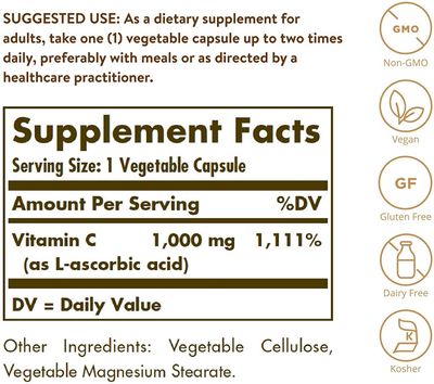 Solgar, Kosher VITAMIN C 1000mg, Antioxidant Support - 100 Vegetarian Capsules