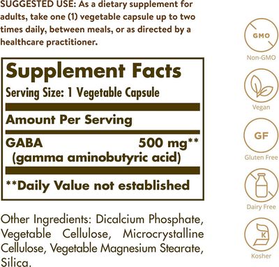 Solgar, Kosher GABA 500mg, Nervous System Support - 100 Vegetarian Capsules