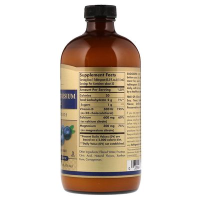Solgar, Kosher CALCIUM MAGNESIUM CITRATE with Vitamin D3, Blueberry Flavor, Liquid - 16 fl. oz. (473 mL)