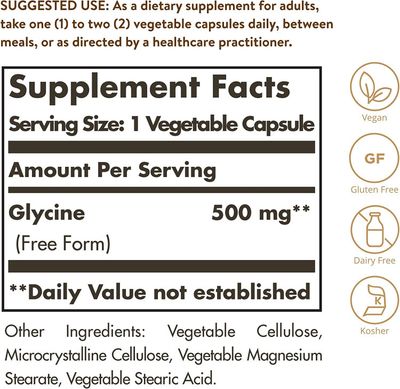 Solgar, Kosher GLYCINE 500mg, Free Form, Promotes Optimal Absorption - 100 Vegetarian Capsules