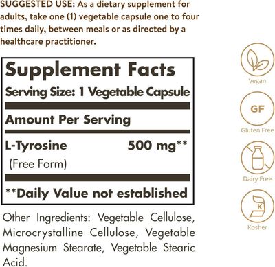 Solgar, Kosher L-TYROSINE 500mg, Free Form, Nervous System Support - 100 Vegetarian Capsules