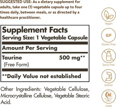 Solgar, Kosher TAURINE 500mg, Neuro & Cardio Support - 100 Vegetarian Capsules