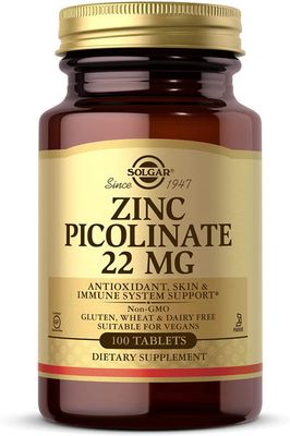 Solgar, Kosher ZINC PICOLINATE 22mg, Antioxidant + Skin &amp; Immune System Support - 100 Tablets