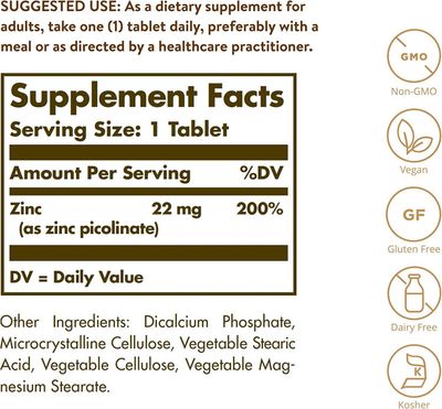 Solgar, Kosher ZINC PICOLINATE 22mg, Antioxidant + Skin &amp; Immune System Support - 100 Tablets