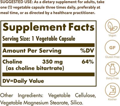 Solgar, Kosher CHOLINE 350mg, Supports Healthy Brain &amp; Cellular Function - 100 Vegetarian Capsules