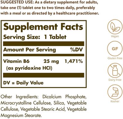Solgar, Kosher VITAMIN B6 25mg, Supports Energy Metabolism + Heart Health &amp; Healthy Nervous System - 100 Vegetarian Tablets