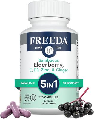 Freeda, Kosher Sambucus Elderberry with Vitamin C, D3, Zinc &amp; Ginger, Immue Support - 120 Vegetarian Capsules