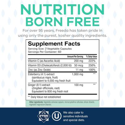 Freeda, Kosher Sambucus Elderberry with Vitamin C, D3, Zinc &amp; Ginger, Immue Support - 120 Vegetarian Capsules