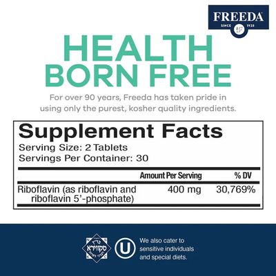 Freeda, Kosher VITAMIN B2 (Riboflavin) 400mg, Energy Metabolism Support - 60 Tablets