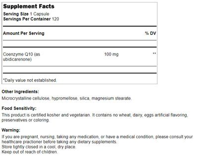 Nutri Supreme, Kosher COENZYME COQ10 100mg, Promotes Cellular Energy - 120 Vegetarian Capsules #193