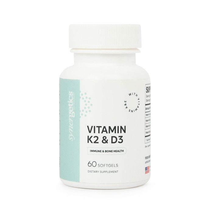 Synergetics, Kosher VITAMIN K2 &amp; D3 (Vitamin K2 180mcg, Vitamin D3 5000IU, w/ Vitamin A 1000mcg &amp; Vitamin E 30mg), For Immune &amp; Bone Health - 60 Softgels