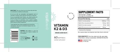 Synergetics, Kosher VITAMIN K2 &amp; D3 (Vitamin K2 180mcg, Vitamin D3 5000IU, w/ Vitamin A 1000mcg &amp; Vitamin E 30mg), For Immune &amp; Bone Health - 60 Softgels