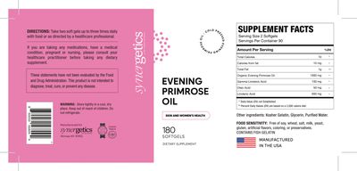 Synergetics, Kosher EVENING PRIMROSE OIL, EPO, For Skin &amp; Women's Health - 180 Softgels