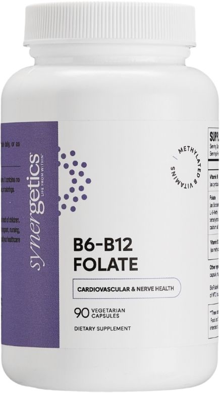 Synergetics, Kosher B6-B12 FOLATE (Vitamin B6 25mg, Vitamin B12 1000mcg w/ Folate 1000mcg) For Cardiovascular Nerve Health - 90 Vegetarian Capsules