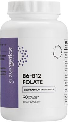 Synergetics, Kosher B6-B12 FOLATE (Vitamin B6 25mg, Vitamin B12 1000mcg w/ Folate 1000mcg) For Cardiovascular Nerve Health - 90 Vegetarian Capsules
